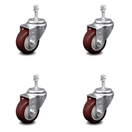Service Caster 3 Inch Maroon Polyurethane Wheel Swivel 3/8 Inch Threaded Stem Caster Set SCC SCC-TS20S314-PPUB-MRN-381615-4